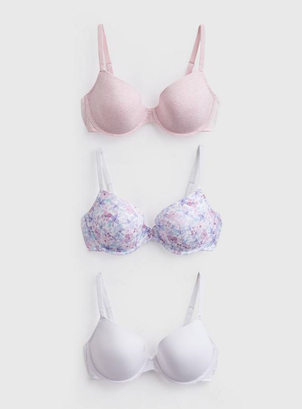 Plain & Floral Print Full Cup Bras 3 Pack 36B